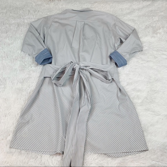 Frame contrast striped wrapped tie waist shirt dress button up pocket - Picture 11 of 12